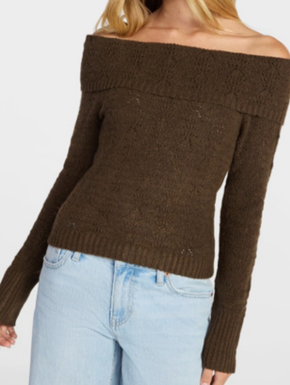 No Boundaries Women's Size L (12-14) Off Shoulder Pullover Sweater Brown NWT